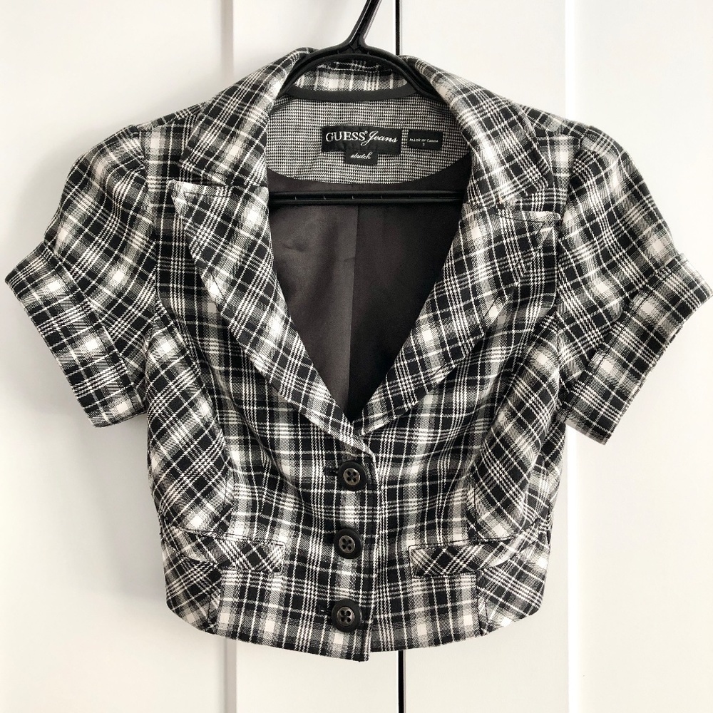 Guess, Cropped Blazer, Black & White, Plaid, Cropped Top, Button Up, Size Small